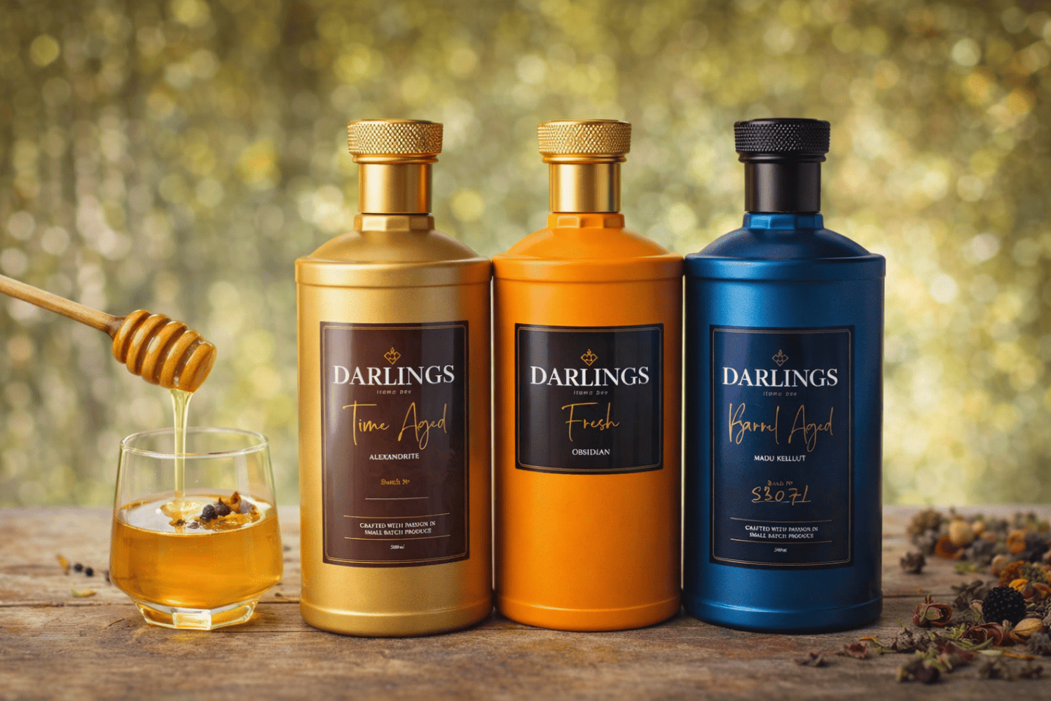Tiga botol madu kelulut berwarna emas, jingga dan biru dipamerkan di atas permukaan kayu bersama segelas madu dan senduk madu.